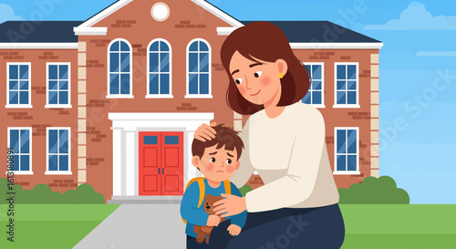 Adobe illustrator artwork vector illustration of a mother comforting her sad child outside a school building, showing emotional support, parenting care, and back-to-school moments.