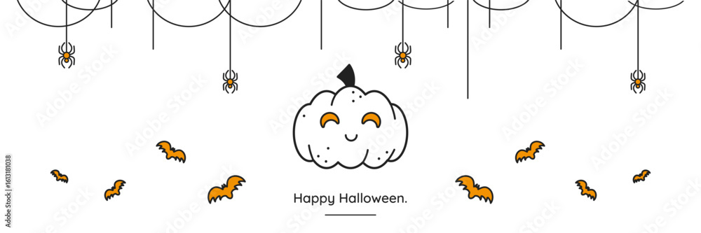 Obraz premium Cute outline Halloween icon with pumkin Jack O Lantern with flying bats. Spider with cobweb decorations. Simple minimalistic card. Vector design elements.