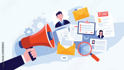 Red megaphone announcing business documents and people profiles announcement