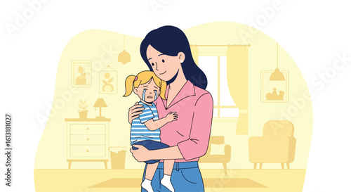 Adobe illustrator artwork vector illustration of a mother comforting her sad child outside a school building, highlighting emotional bonding, parenting support, and educational environment.