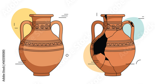 Ancient Clay Amphorae One Intact The Other Broken Restoration Archaeology Concept