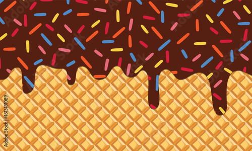 Dark chocolate with glaze melted on wafer background. Chocolate Crispy Waffle with Flowing cream and Sprinkles