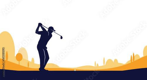 Golfer Executes Powerful Swing on a Sunny Day with Rolling Hills Background