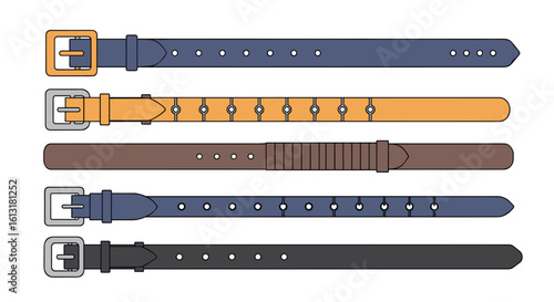 Collection of Five Different Belts Displayed Vertically on White Background