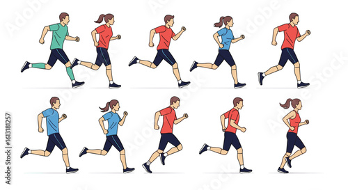 Athletic Men and Women Jogging in Various Colored Athletic Wear on a White Background