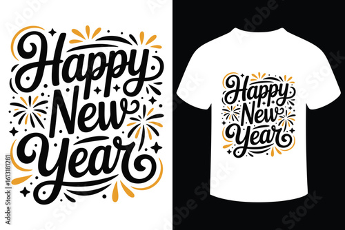 Happy new year typographic design with festive fireworks and t shirt mockup silhouette