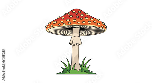 Amanita Muscaria Mushroom with White Stem and Red Cap