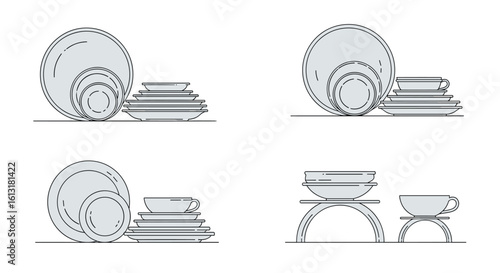 Elegant Dining Essentials Illustrated With Stacked Ceramic Plates Bowls Cups and Saucers on Shelves