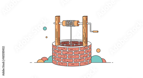 A charming brick well with a wooden crank mechanism draws water from the earth