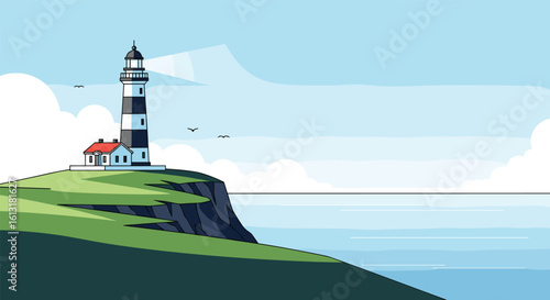 Iconic Lighthouse Guiding Ships Safely Across The Open Ocean Horizon