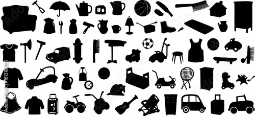 Yard sale vector silhouette banner with assorted household and sport items. vector set
