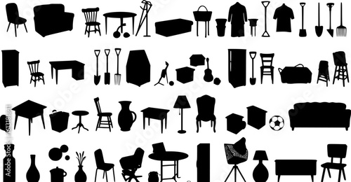 Yard sale vector silhouette banner with assorted household and sport items. vector set
