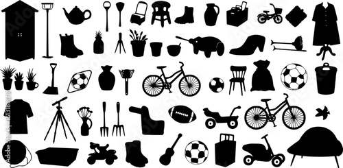 Yard sale vector silhouette banner with assorted household and sport items. vector set
