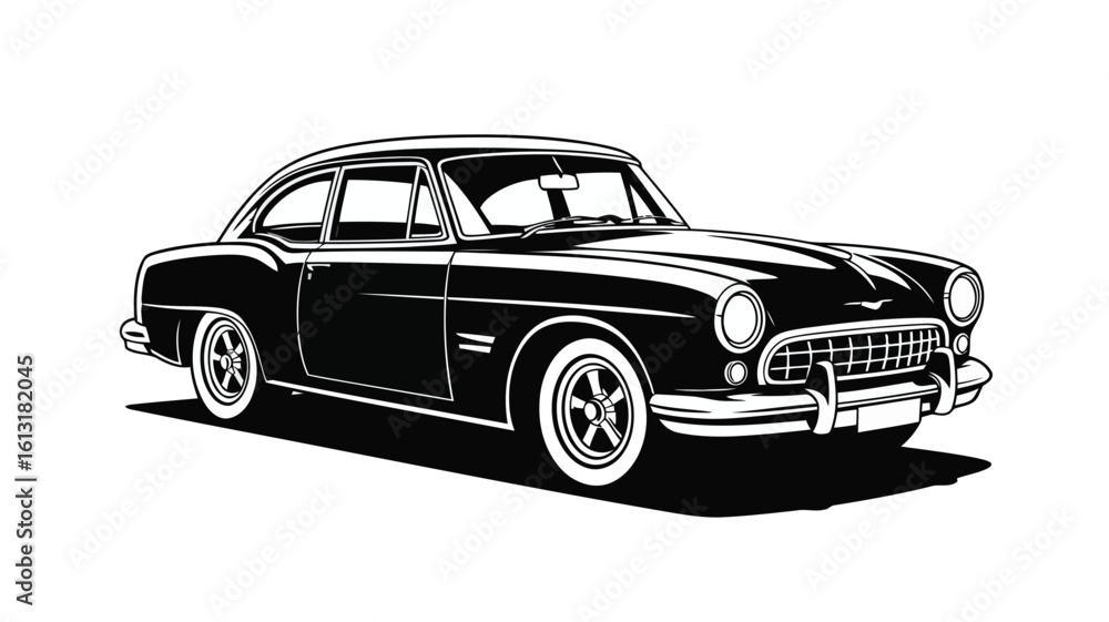 Fototapeta premium Detailed black and white illustration of a vintage coupe automobile classic vehicle
