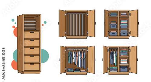 Modern Tall Wooden Wardrobe With Drawers And Multiple Storage Compartments For Clothes And Accessories