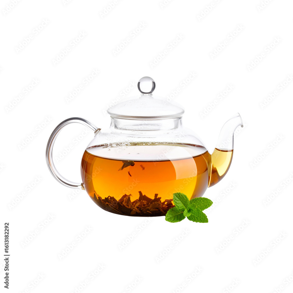 Transparent teapot with hot green tea and a tea flower, isolated Transparent teapot with hot green tea and a tea flower, isolated