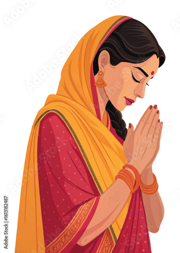 A Indian women wearing saree namaste pose Vector illustration.