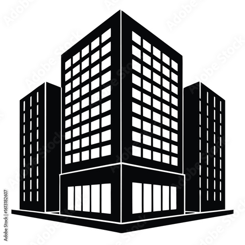 Office Bulding vector silhouette Single collection, Office Buildings Icon Square Button Set
