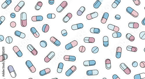 Scattered Collection of Oval And Round Shaped Pharmaceutical Tablets And Capsules