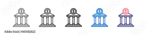 Bank Icon In 5 Different Styles Set Collection.  