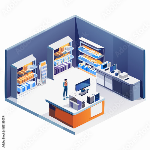 Isometric illustration of a convenience store interior with shelves stocked with goods and a cashier standing behind the counter.