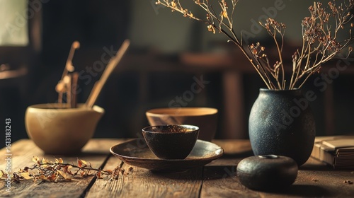 Japanese tea set with dried flowers on wooden table for traditional zen calm minimalist lifestyle photography