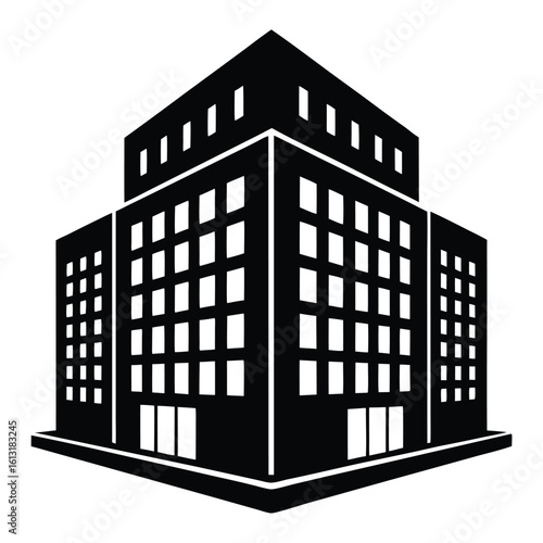 Office Bulding vector silhouette Single collection, Office Buildings Icon Square Button Set
