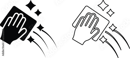 Cleaning icon set, black hand, gloves vector group of hygiene, sanitizing and housekeeping tools in flat and line style, cleaning equipment collection, disinfect, mop, wipe symbols