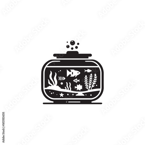  Fish Tank silhouette black and white vector icon