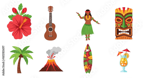 Vector Illustration Featuring Tropical Hawaiian Elements Hibiscus Flower, Ukulele, Hula Dancer, Tiki Mask in a Flat Style
