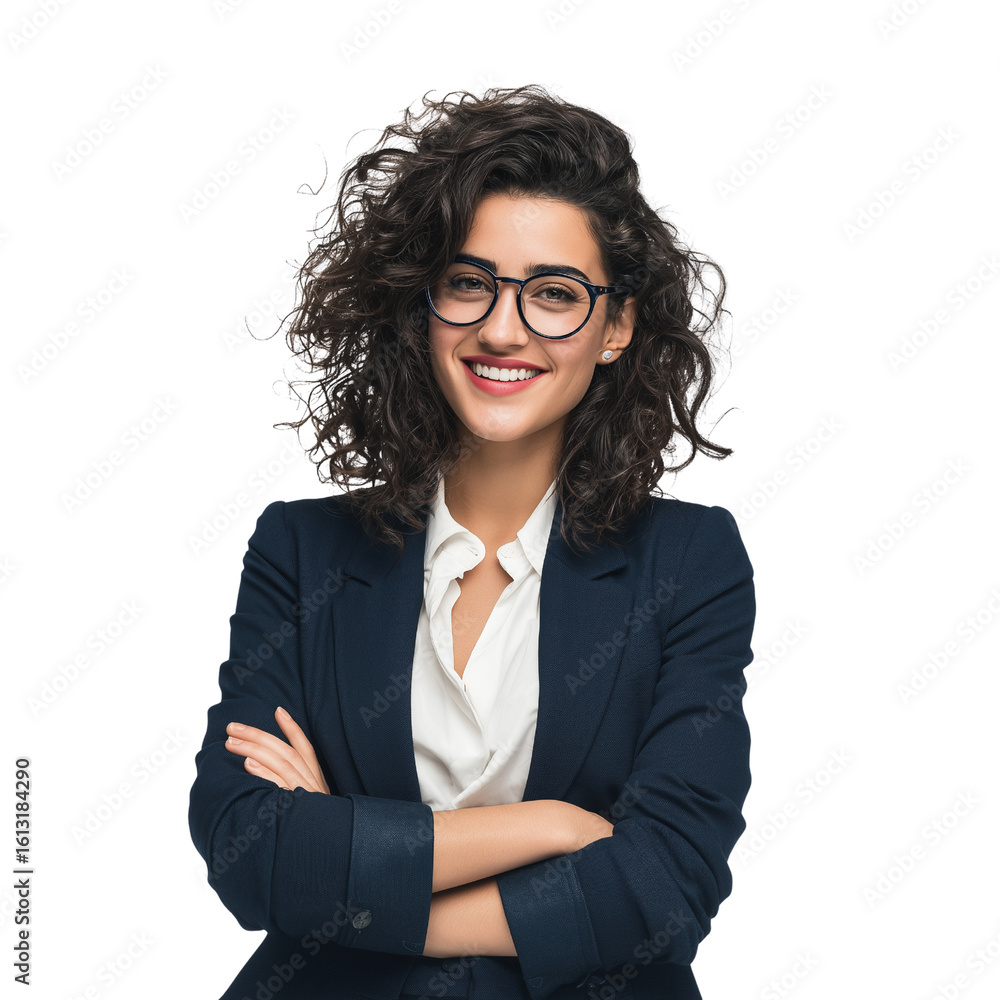 A smiling woman with curly dark hair wearing a stylish blue blazer and glasses isolated on a transparent background A smiling woman with curly dark hair wearing a stylish blue blazer and glasses isolated on a transparent background