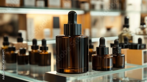Glass dropper bottles with essential oils arranged in display for beauty product branding skincare apothecary visuals