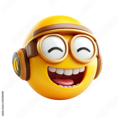 Emoji laughs with headphones on black background. Use for social media, design, marketing.