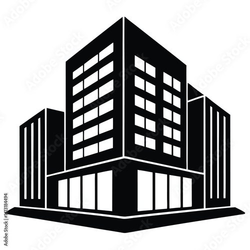 Office Bulding vector silhouette Single collection, Office Buildings Icon Square Button Set
