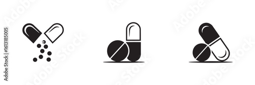 pill icons including capsules, tablets, and pharmaceutical symbols. A vector medical design set ideal for healthcare, hospitals, drugstores, and pharmaceutical branding 