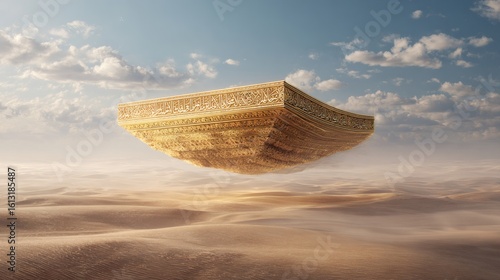 Ancient Floating Island in Desert with Bright Sky and Clouds