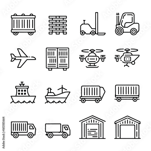 Commercial vehicles line icon set. Vector pictograms of container, forklift, plane,warehouse, thin linear illustration
