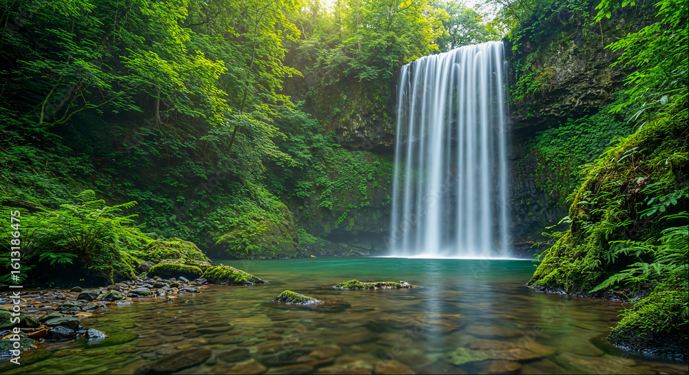 Obraz premium Lush green forest surrounds a cascading waterfall flowing into a tranquil pool