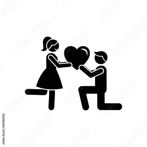 Vector art of a man is kneeling while proposing to a woman with a heart isolated on white background
