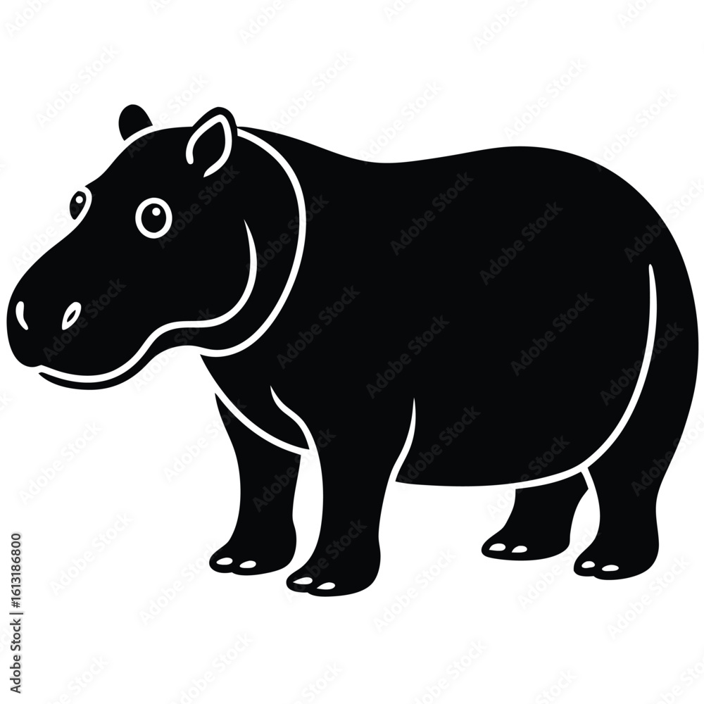 Fototapeta premium Black silhouette of a cartoon hippopotamus with white outlines animal wildlife