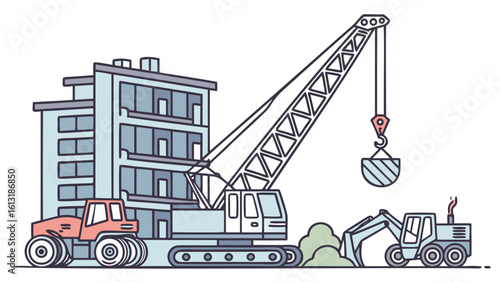 a construction site with building crane and other heavy machinery present in the scene