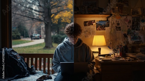 Split image of student studying indoors and looking outdoors