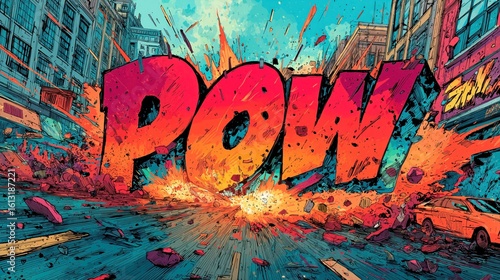 Comic Style Explosion in City Street with Large Pow Text and Debris