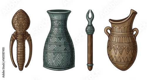 Ancient artifacts of past civilizations on display, artfully presented.
