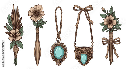 Delicate vintage floral and jewel assortment in a decorative arrangement