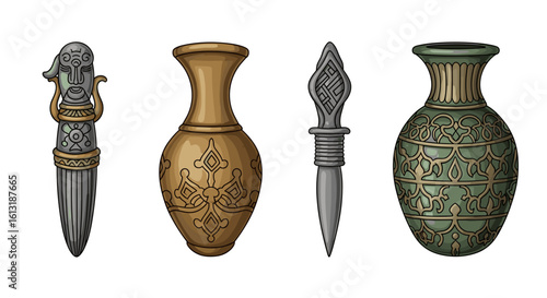 Decorative ancient vases and objects with ornaments evoke historical mystery