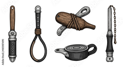 Curious collection: Assorted antique tools and vintage equipment illustration
