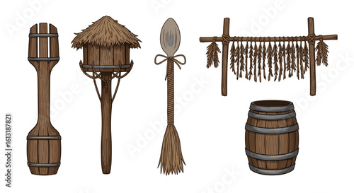 Rustic wooden kitchenware set of vintage utensils and containers illustration