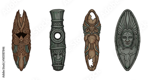 Collection of mystical ancient stone pendants with different carved designs