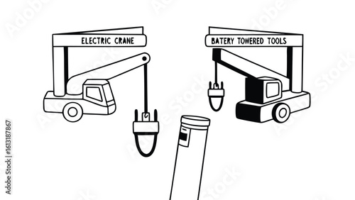 electric crane and battery powered tools with a container in black and white style art